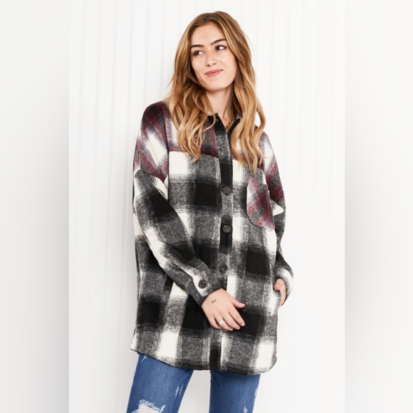 Colors of Autumn Full Size Plaid Shacket in Black/Burgundy - Picture 2 of 10